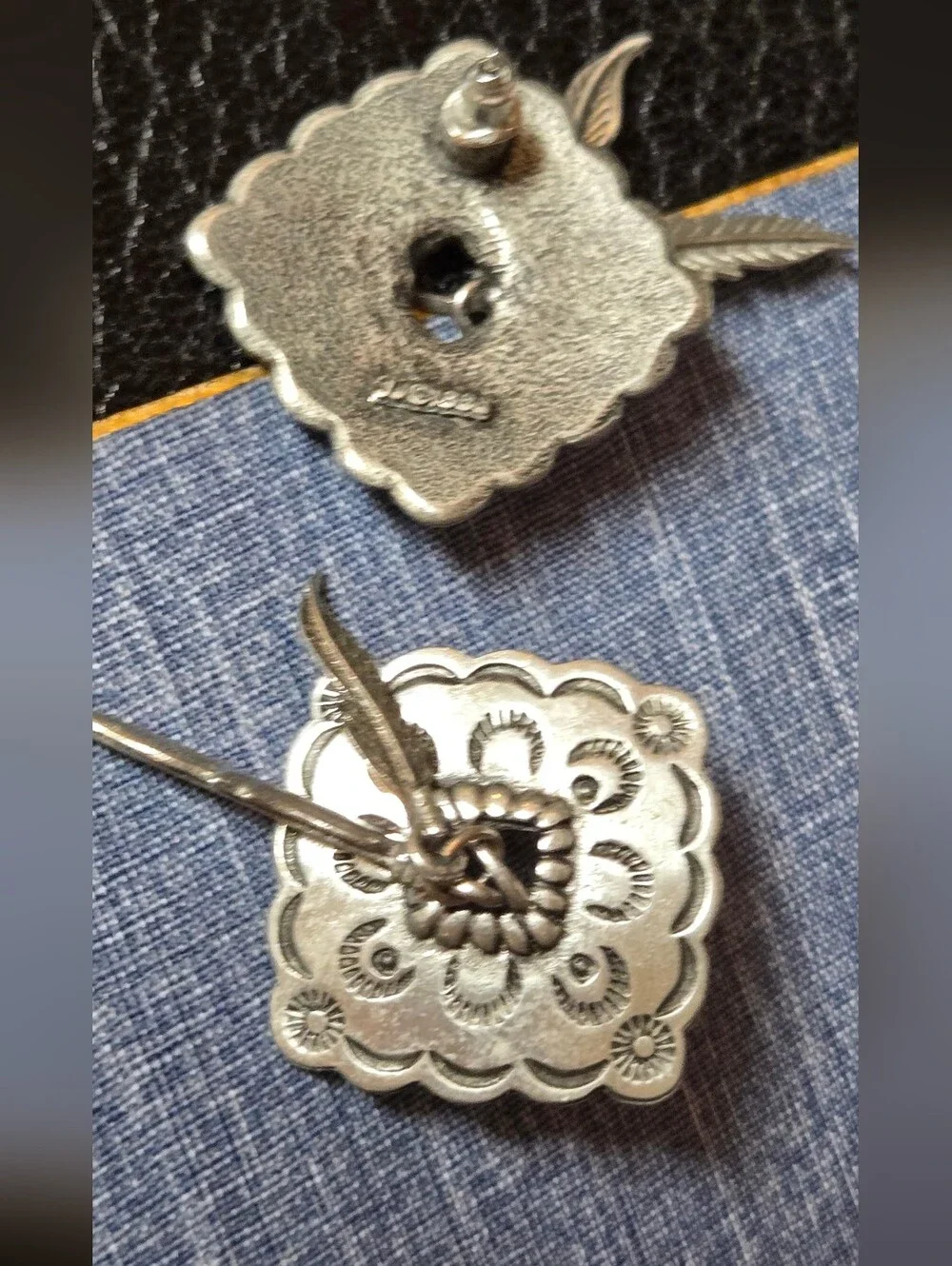 Vintage JJ Jonette Sliver Tone Metal Flowwr Feather Earrings